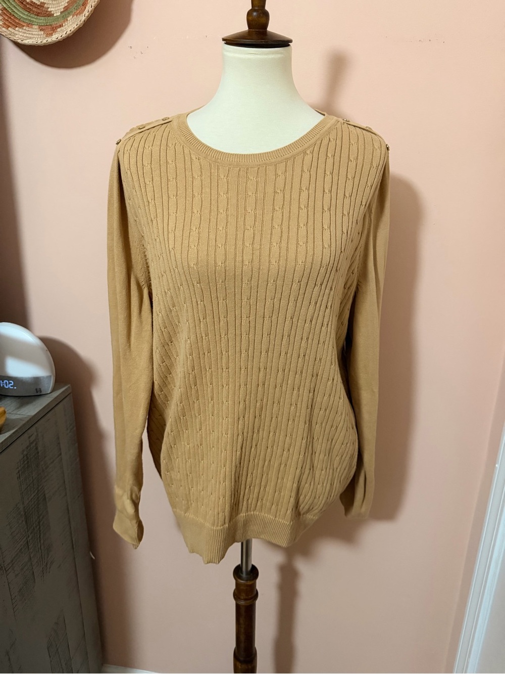 Kim Rogers 100% Cotton Camel Crewneck Sweater— Button Shoulder Detail XL
